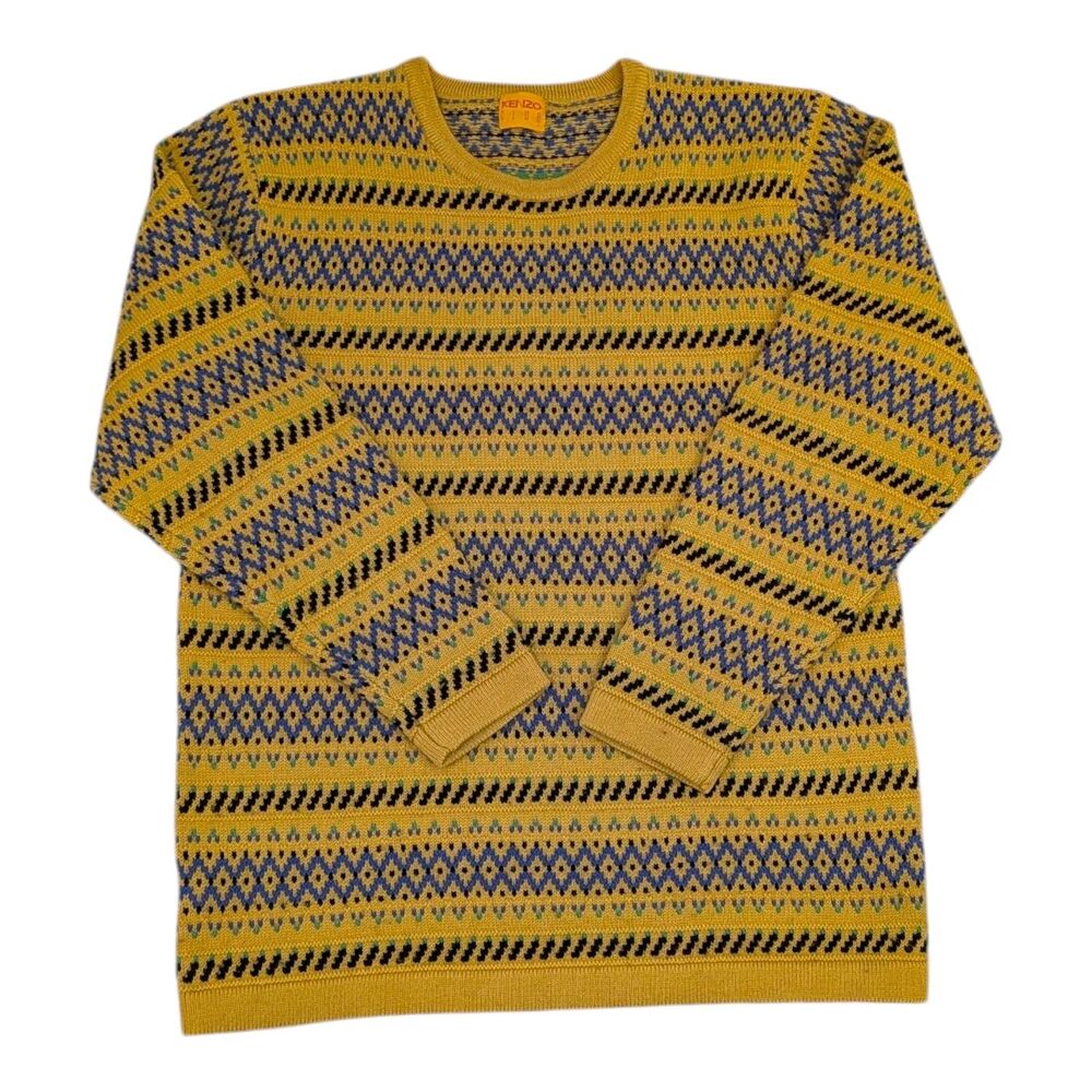 Vintage Kenzo Club Fair Isle Sweater Mustard Yellow Geometric Japan 38 S 1990s